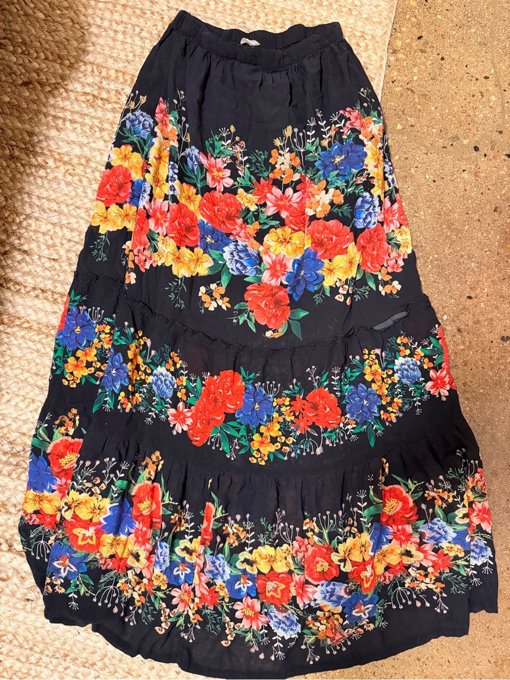 Natural Life Black Floral Tiered Maxi Skirt Boho Size S